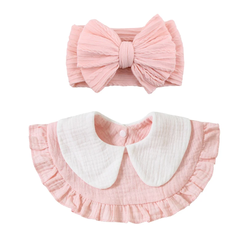 2Pcs/Lot Muslin Baby Bibs Hair Bows Headbands for Baby Girls Ruffled Flower Saliva Towel Feeding Burp Cloth Scarf Headwear