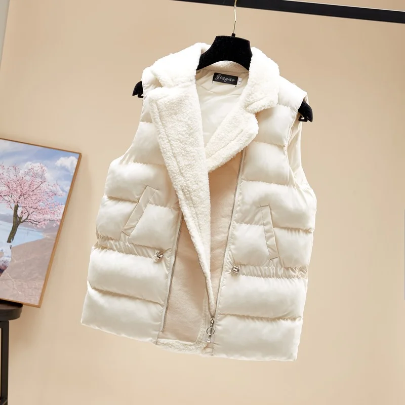 New Lamb Wool Patchwork Women's Jacket Vest Turn down Collar Zipper Coat Vests Women Casual Slim Solid Color Outwear Clothes