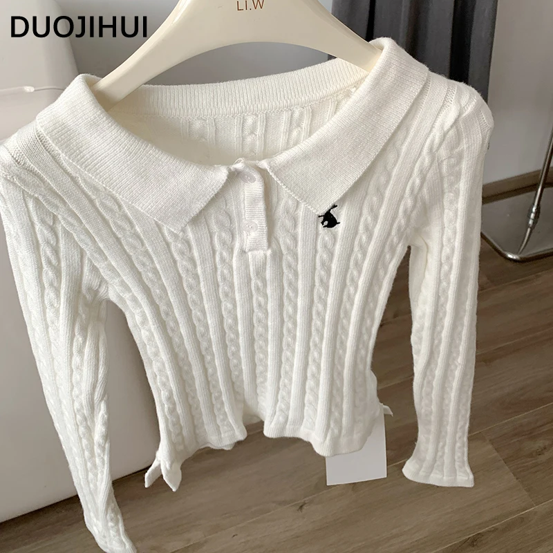 DUOJIHUI Two Piece Autumn Polo Neck Female Pullover Chicly Belt Slim Waist Skirt Basic Loose Long Sleeve Sweater Women Pullover