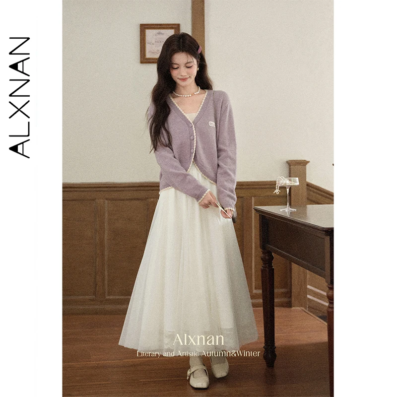 ALXNAN White Skirts Lace Mesh Insert Patchwork Gentle Elegant Versatile Loose-fit Women's Long Skirt High Waist Skirt L569110