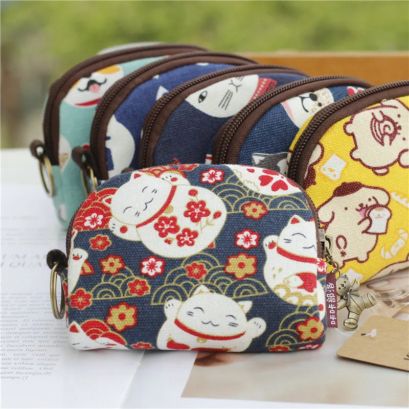 Coin Purse Vintage Shell Canvas Cute Short Wallet Women Card Holder Clutch Kids Cartoon Animals Small Change Bag