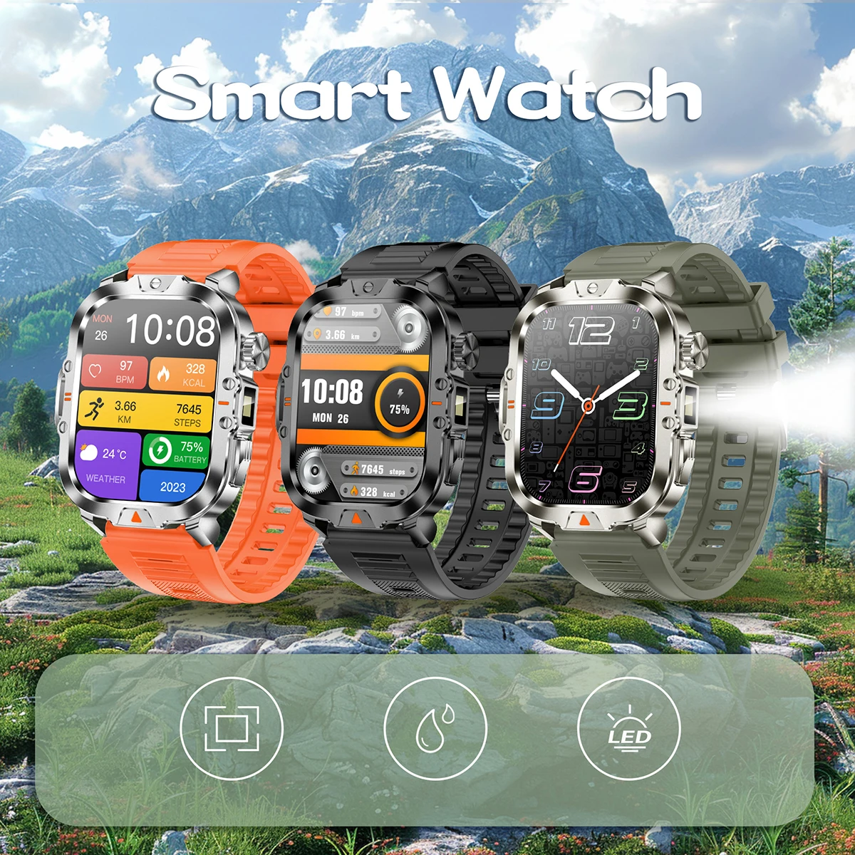 

2,01-дюймовый HD-экран Смарт-часы Мужчины Светодиодный фонарик Bluetooth Вызов 410 мАч Мониторинг сердечного ритма Спортивный фитнес-трекер Смарт-часы