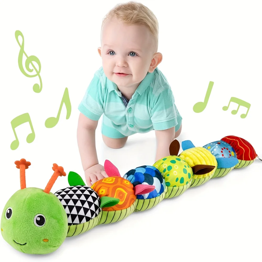 Animal en peluche Musical pour bébé, chenille d'activité, jouets doux, hochet froissé multi-sensoriel et textures, jouets mignons pour le temps du ventre