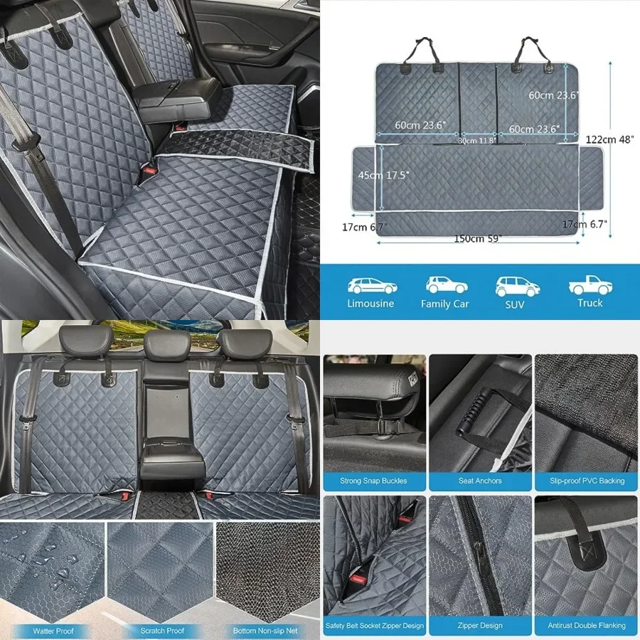 

Grey Dog Car Seat Cover for Back Seat X-Large, Non-Stick Fur, Pet-Friendly and Waterproof - Interior Protector for Auto, Van, S