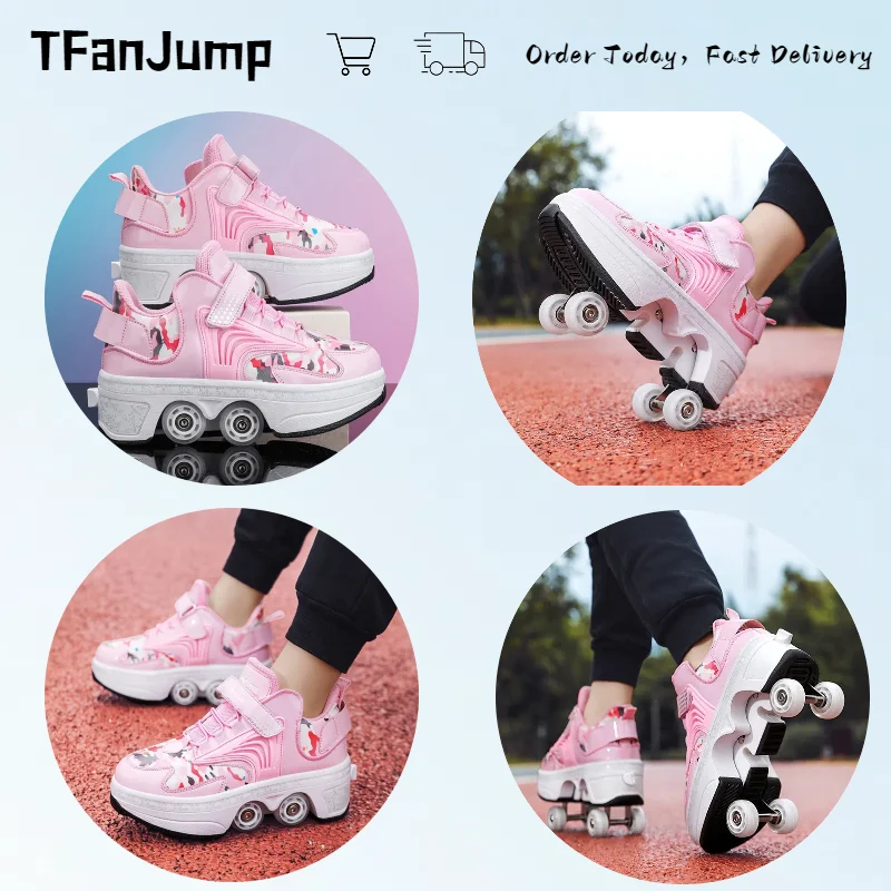 2024 Double Row 4 Wheels Sport Roller Shoes Casual Dual-Purpose Roller Sneakers Deformation Parkour Shoes Kids Adults Unisex