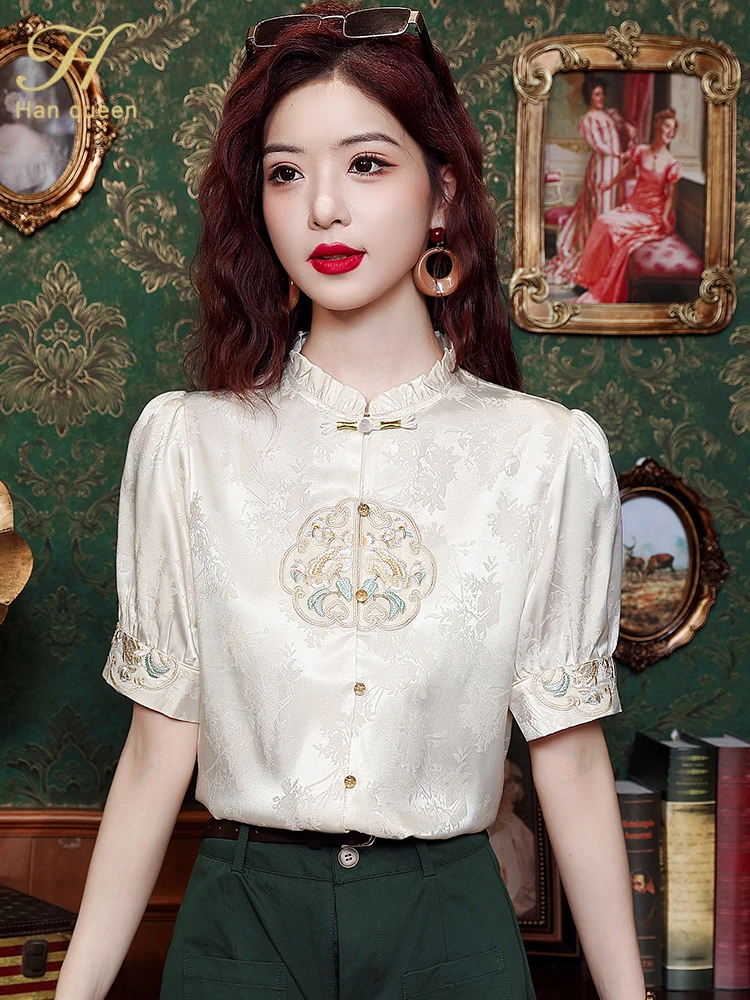 H Han Queen 2024 Summer Embroidery Japanese Vintage Clothes Elegant Chiffon Blouses Loose Casual Short Sleeve Shirts Women Tops