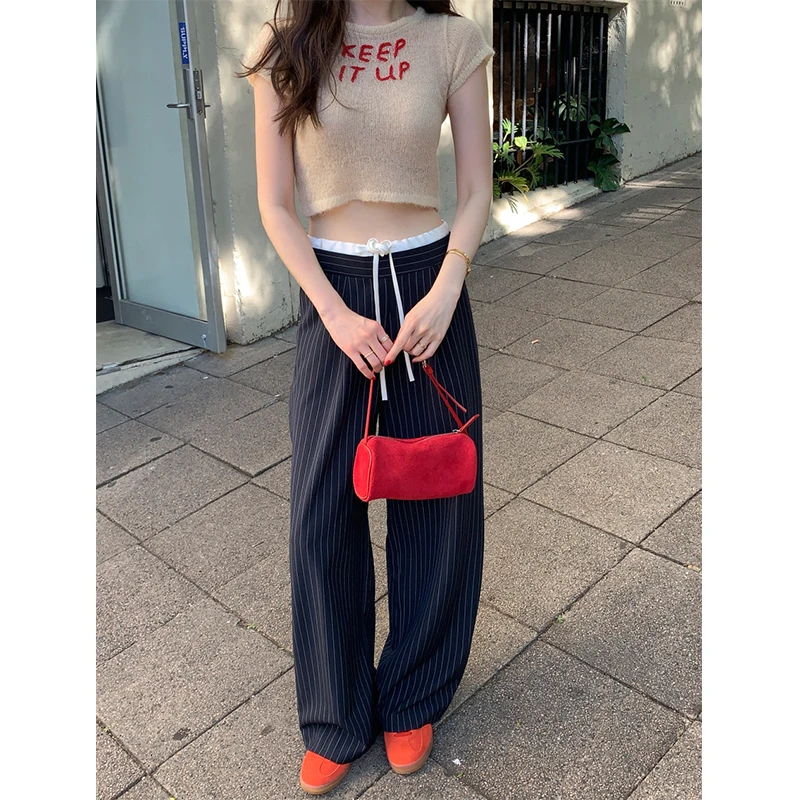 MEXZT Elegant Striped Suit Pants Women Streetwear Patchwork Wide Leg Pants Office Ladies Korean High Waist Baggy Trousers New
