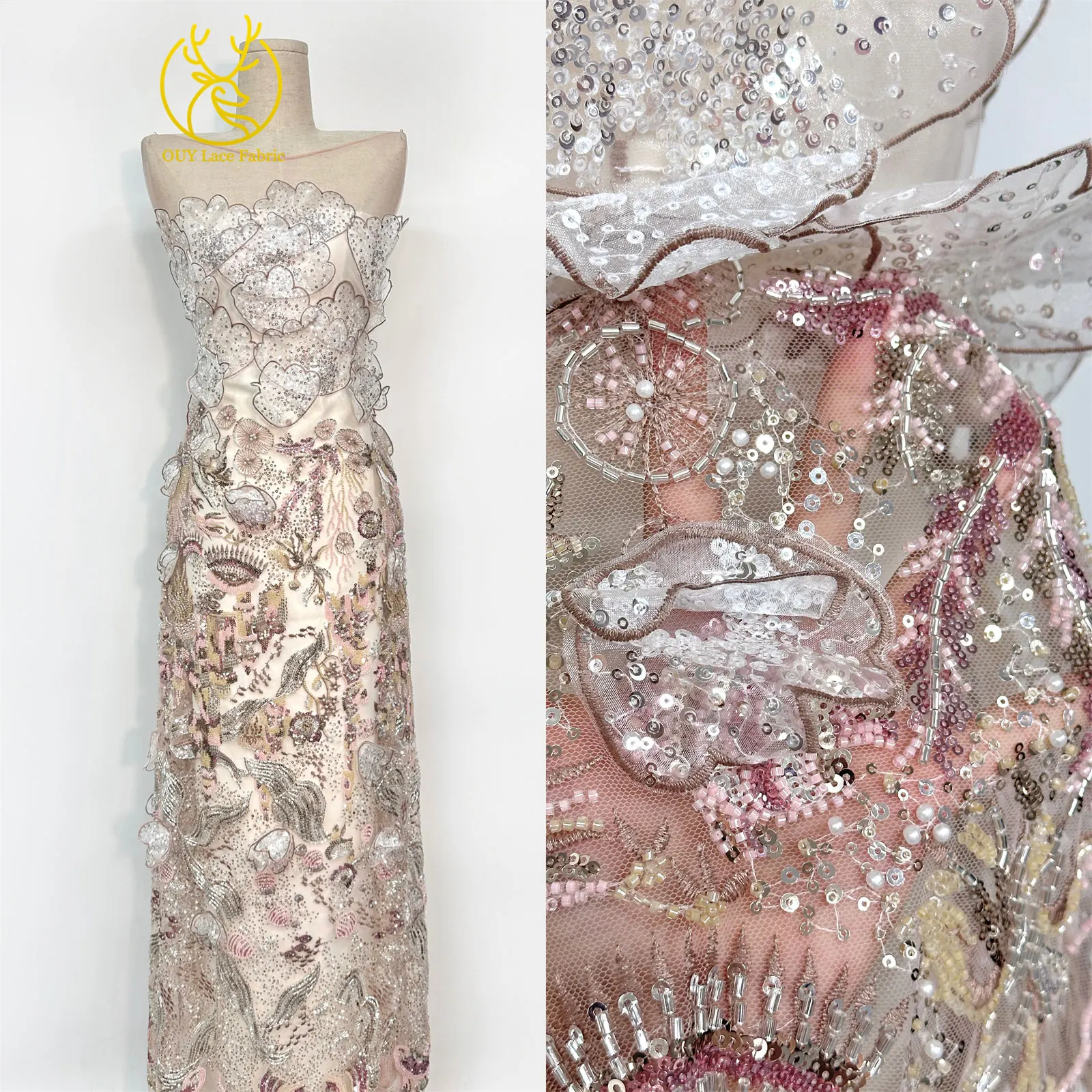Luxus Schwarz 3D Schmetterling Blumen Stickerei Kleid Spitze Stoff Afrikanische Gold Perlen Pailletten Tüll Spitze Stoff Party Kleider – Detail 4
