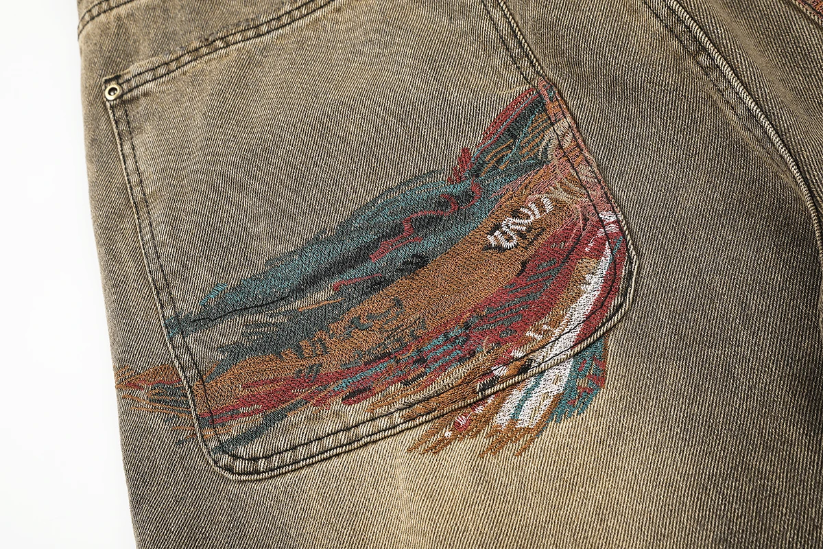 Masked Goddess Embroidered Flowered Jens Shorts for Men and Women High Street Washed Baggy Casual Five Point Denim Pants