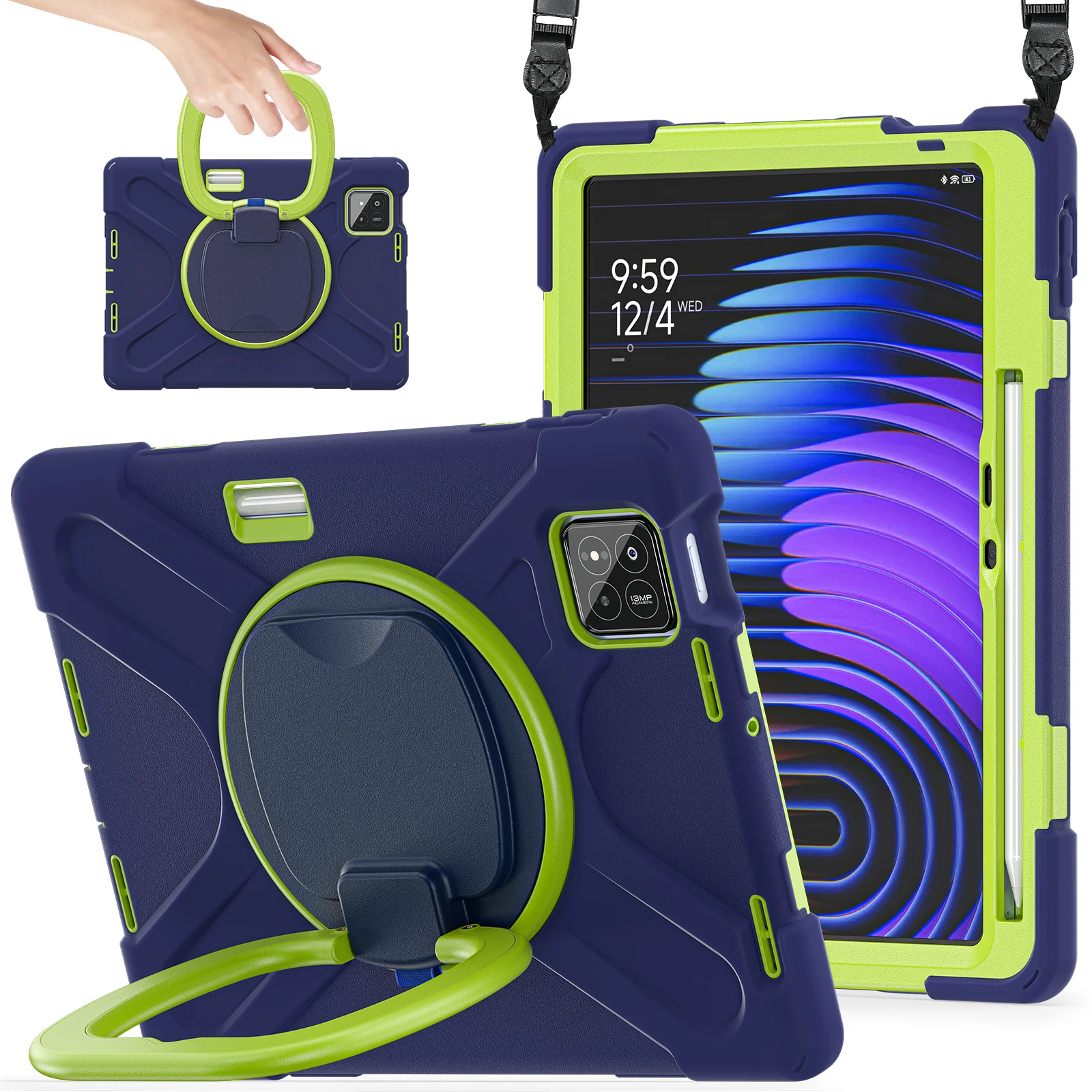 Kickstand Case with Shoulder Strap for Xiaomi Pad 8 Pro / 8 / 7 Pro / 7 TPU + PC + Silicone Tablet Cover - Navy Blue / Yellowgre