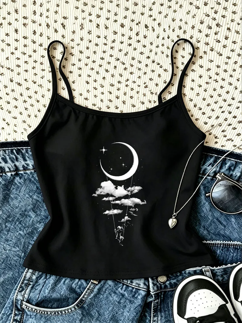 Harajuku Vintage Moon Printed Y2k Camisole Top Casual Crop Top Vest 90s Sleeveless Women'S Tank Top Spring Summer