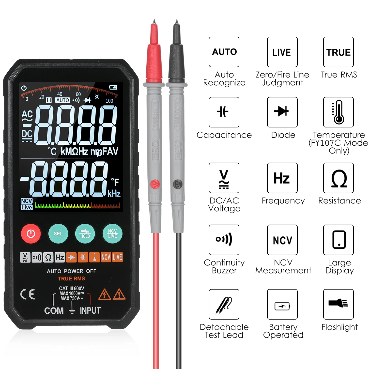 LCD Digital Multimeter 6000 Counts True RMS AC/DC Voltage Resistance Capacitance Frequency Continuity Diode NCV Test