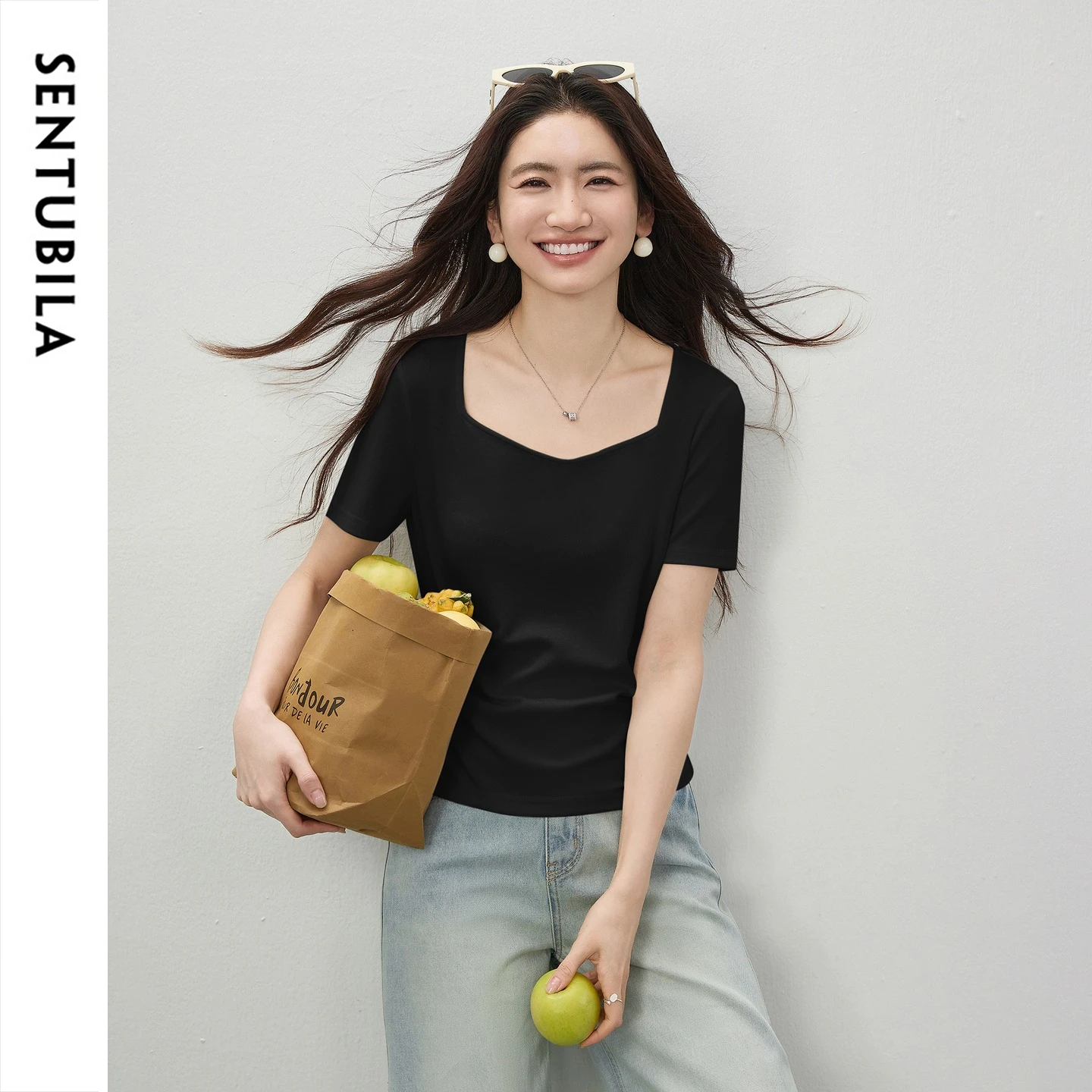 SENTUBILA Women Summer Knit T-shirt 2026 Acetate Linen Blend New Ruched Slim Fit Short Sleeve Tops for Woman Clothing 162TA6222