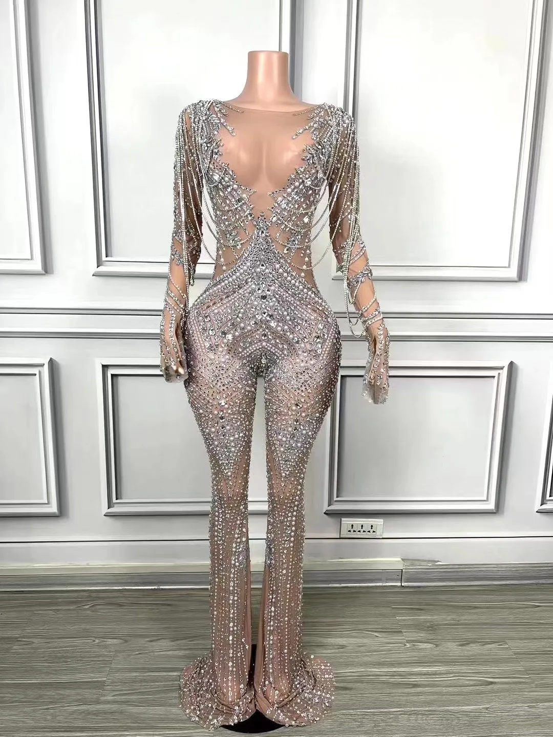 Nightclub Bar Full Diamond Long Sleeved Jumpsuit Wide Leg Pants Women Gogo Dancers Outfits Drag Queen Stage Costumes DN19172