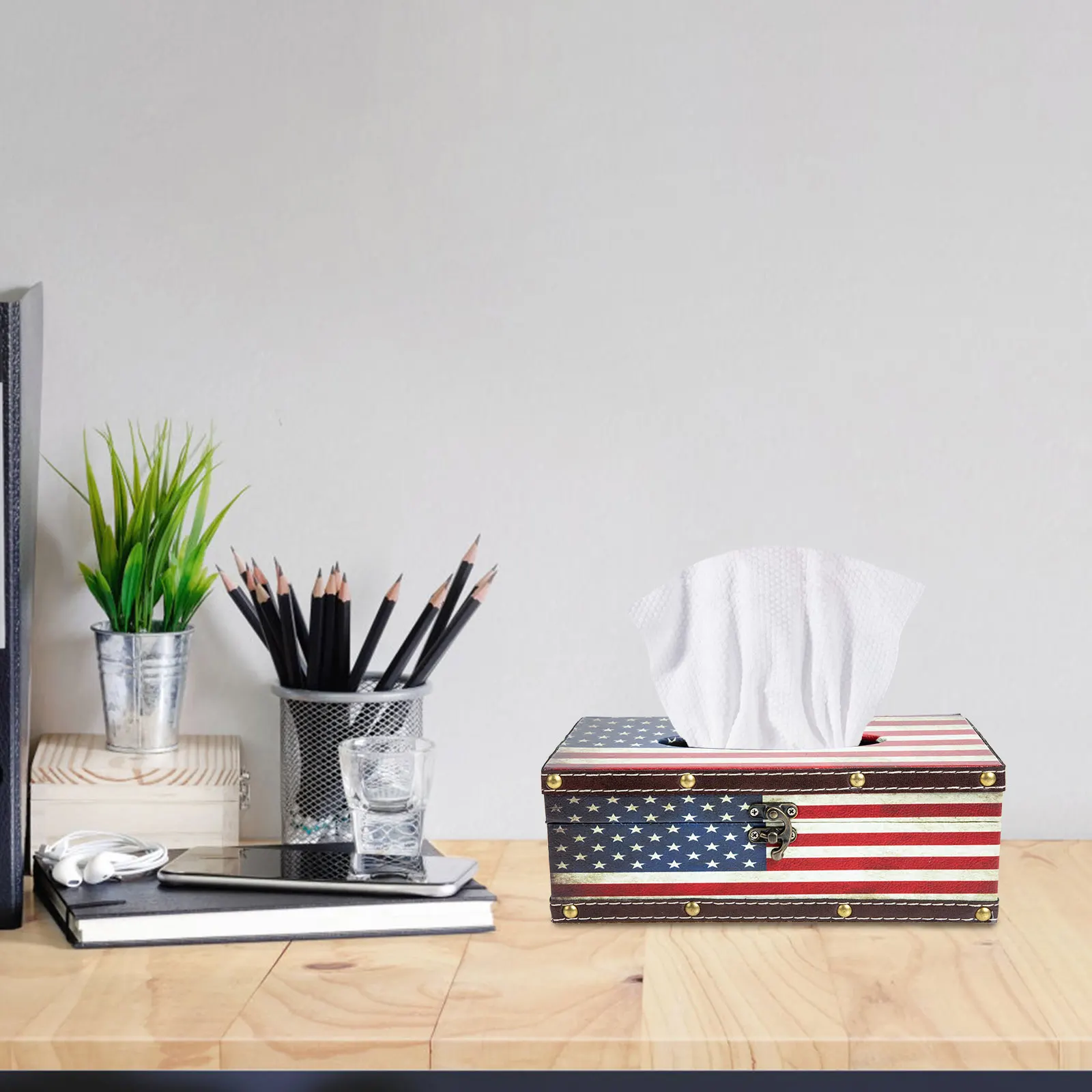 

1PC Vintage Wooden Tissue Box Home Office Flag Design Sturdy Light Household Storage Holder Desktop Travel Use Easy
