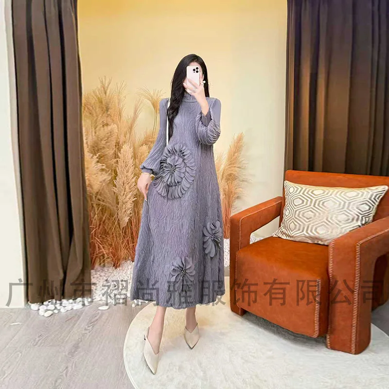 ミヤケプリーツ2025秋冬刺繍ドレス、ライトラグジュアリーハイエンドスタンドフラワー弾性メッシュルーズロングスカート