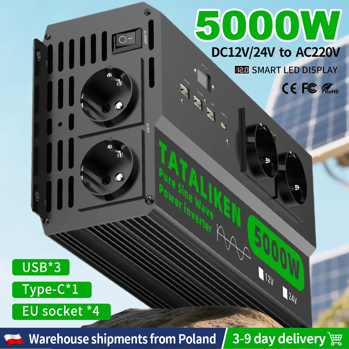 5000W Hochleistungs-Reiner-Sinus-Wechselrichter DC zu AC 220V 50Hz, 4 EU-Steckdosen, Digitales LCD-Display, Thermostatgesteuerter Lüfter für LKW