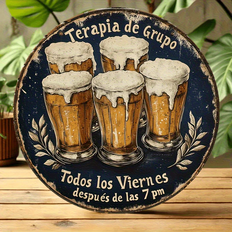 لوحة فنية جدارية من الألومنيوم على شكل بيرة إسبانية عتيقة مقاس 8 بوصات - ديكور بار ريفي مع نص إسباني وتصميم كوب بيرة، لا حاجة إلى بطاريات، #2