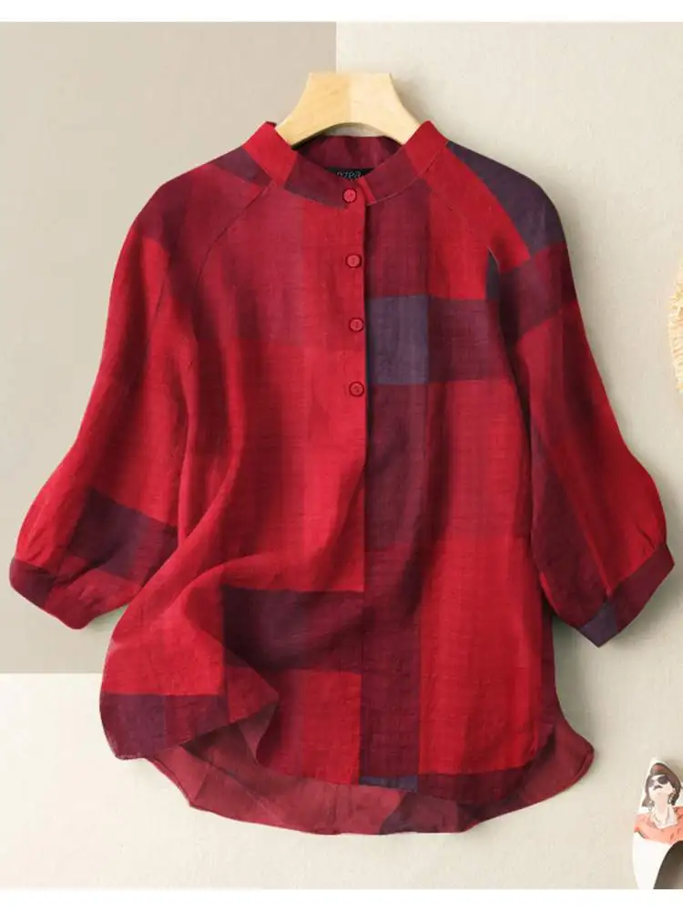 Moda ZANZEA kobiety bluzka w szkocką kratę koszule Oversized w stylu Vintage 2023 wiosna jesień 3/4 rękaw topy luźne zapinana Blusa Femme