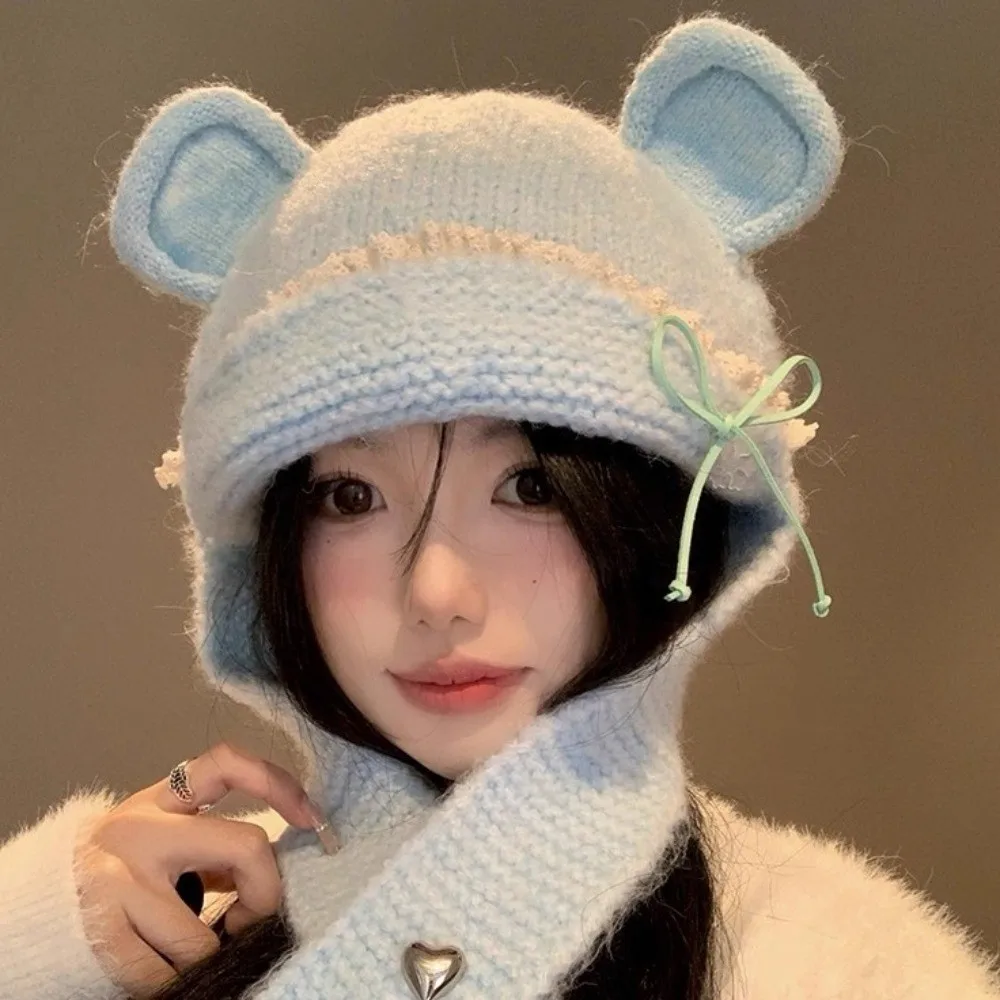 

Cute Sweet Bear Ear Knitted Hat Bow Keep Warm Neck Collar Beanies Cap Neck Protector Polyester Pullover Cap Girls