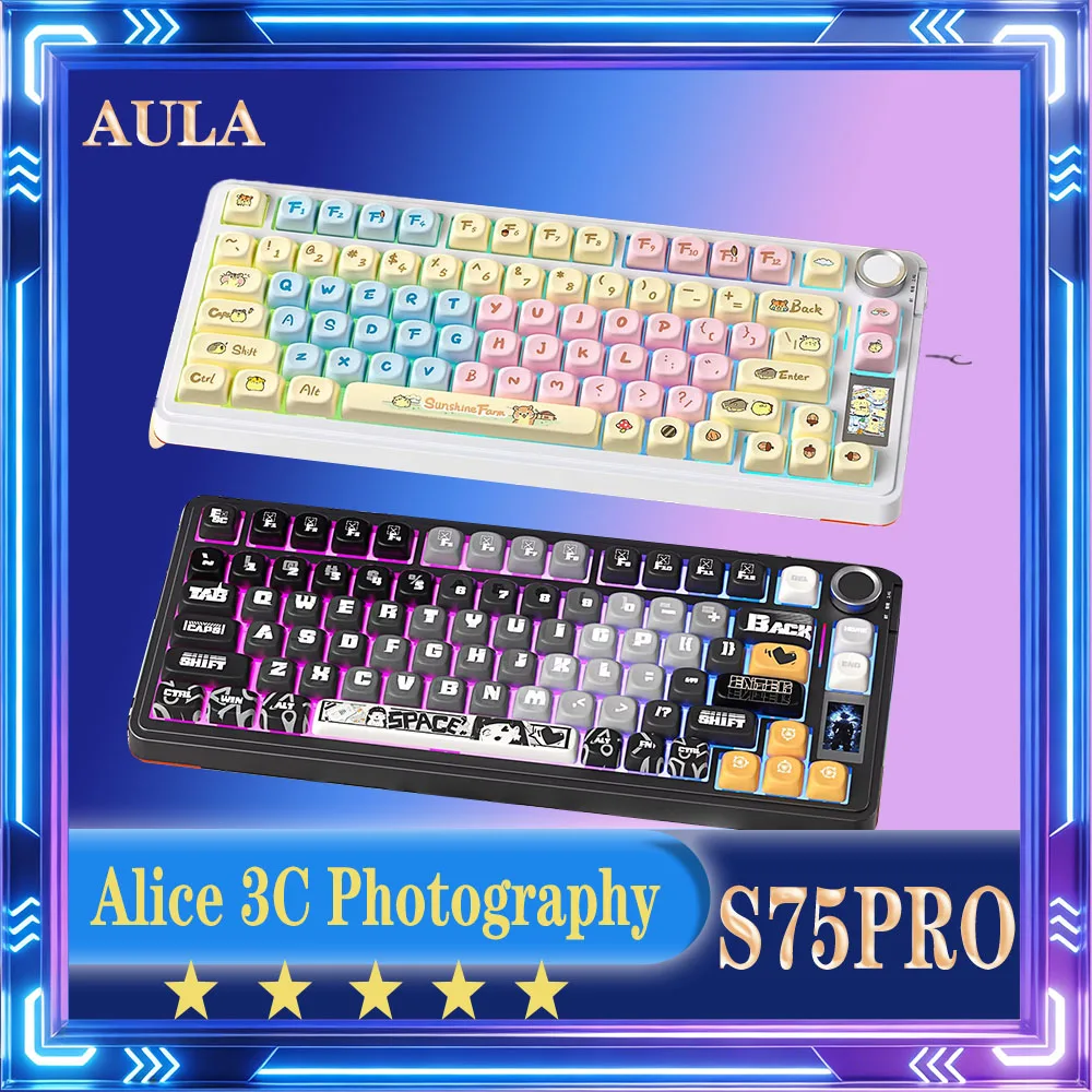 AULA S75pro Mechanical Keyboard Wireless Tri Mode Hot Swap PBT Low Latency Esports Gaming Keyboard with Multi-function Knob