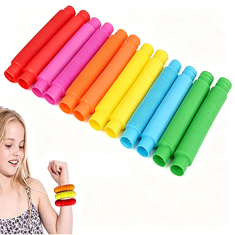 6Pcs Pop Tube Colorful Telescopic Stretching Corrugated Tube Children Adult Stress Relief Sensory Fidget Educational Folding Toy