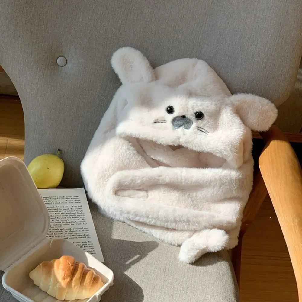 Fashion Fleece Seal Plush Hooded Scarf 3 in 1 Solid Color Mask Pullover Hat Soft Cute Earflap Hat Winter/Autumn