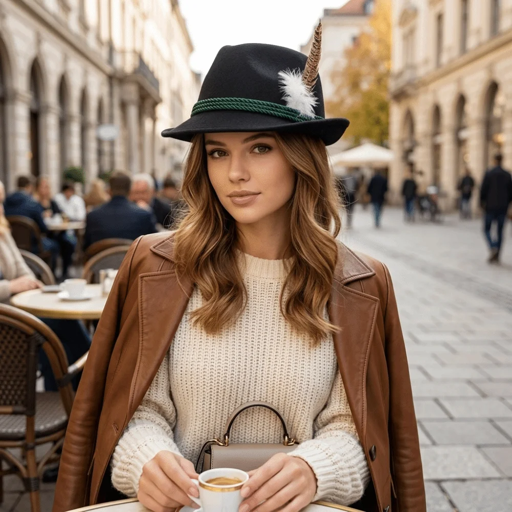 Classic Bavarian Feather Hat Structured Brim Western Fedora Hat Dress Up Decorative Side Cord Jazz Cap Men Women