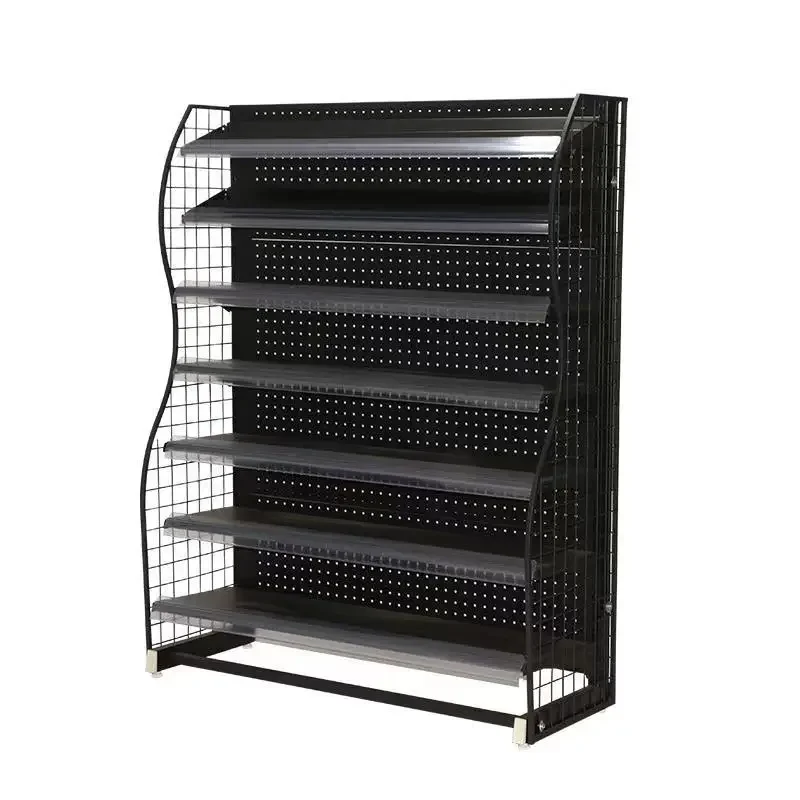 

Small shelves in front of the supermarket checkout page, beverage and food racks