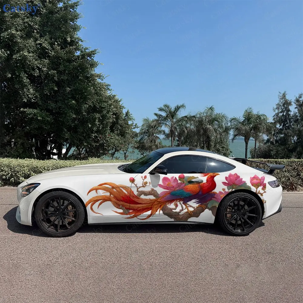 2pcs Colorful Winged Bird Peonies Car Side Wraps, Self-Adhesive PVC Waterproof & Scratch-Resistant Stickers, Car Accessory Gift