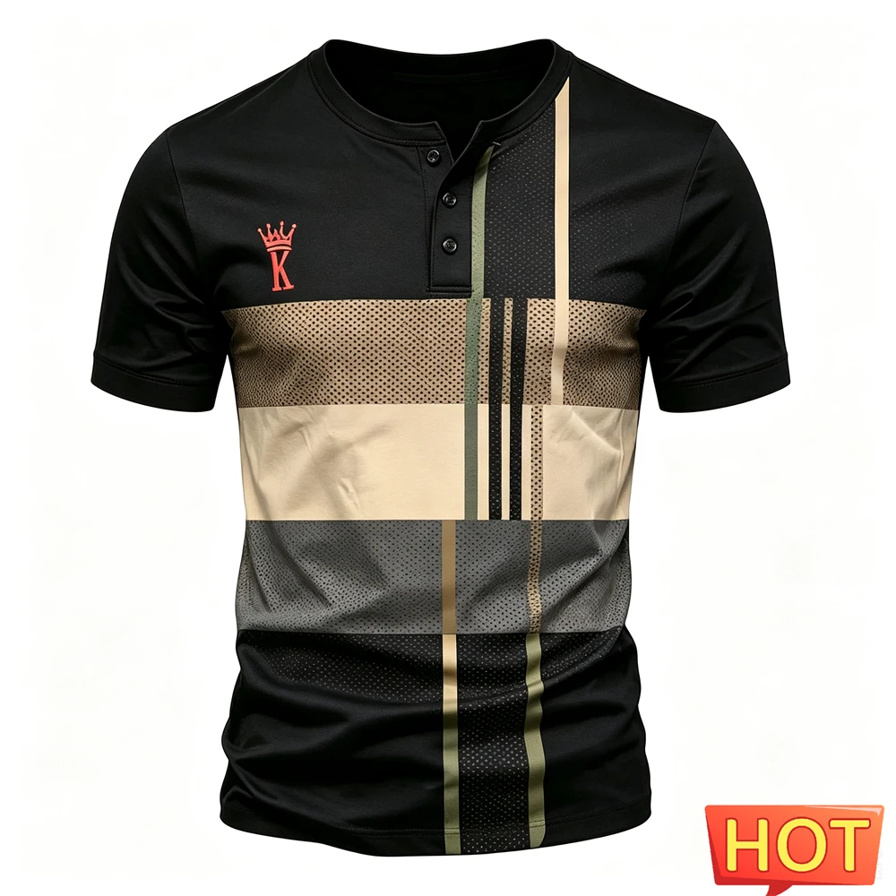 Simple Stripe Print Men's Henley Shirts Fashion Henry Collar Short Sleeve Tee Summer Casual Loose Button Top Street Men Clothing