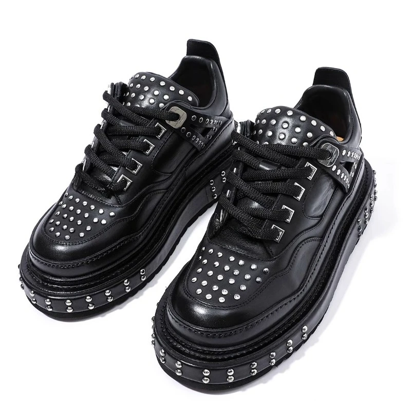 Functional Motorcycle Shoes Men's British American Original Heavy Metal Rivet Design Casual Bread Shoes Height Increasing Shoes