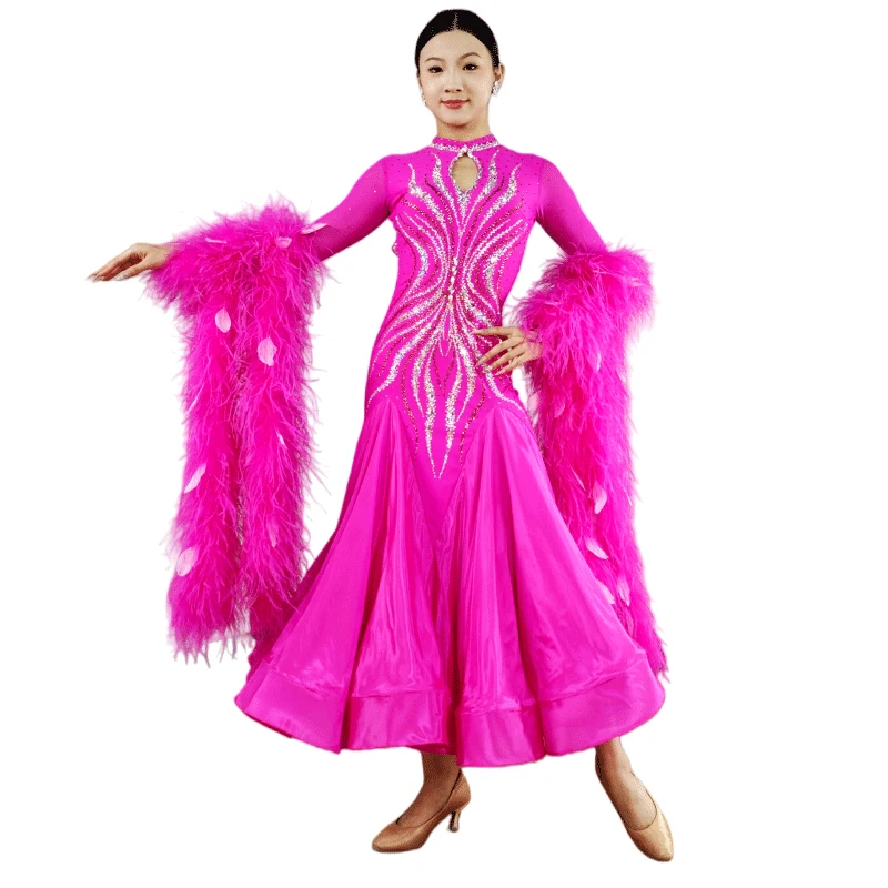 

B-25050 New Arrival International Standard Ballroom Dance Dress High Quality Ostrich Feathers Rose Red Satin Chiffon Dress