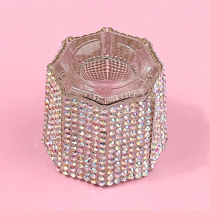 Mini cristal acrílico, polvo octogonal pequeño, taza para uñas líquidas, cepillo para uñas, limpieza de líquido, tazón mezclador de lujo con diamantes de imitación