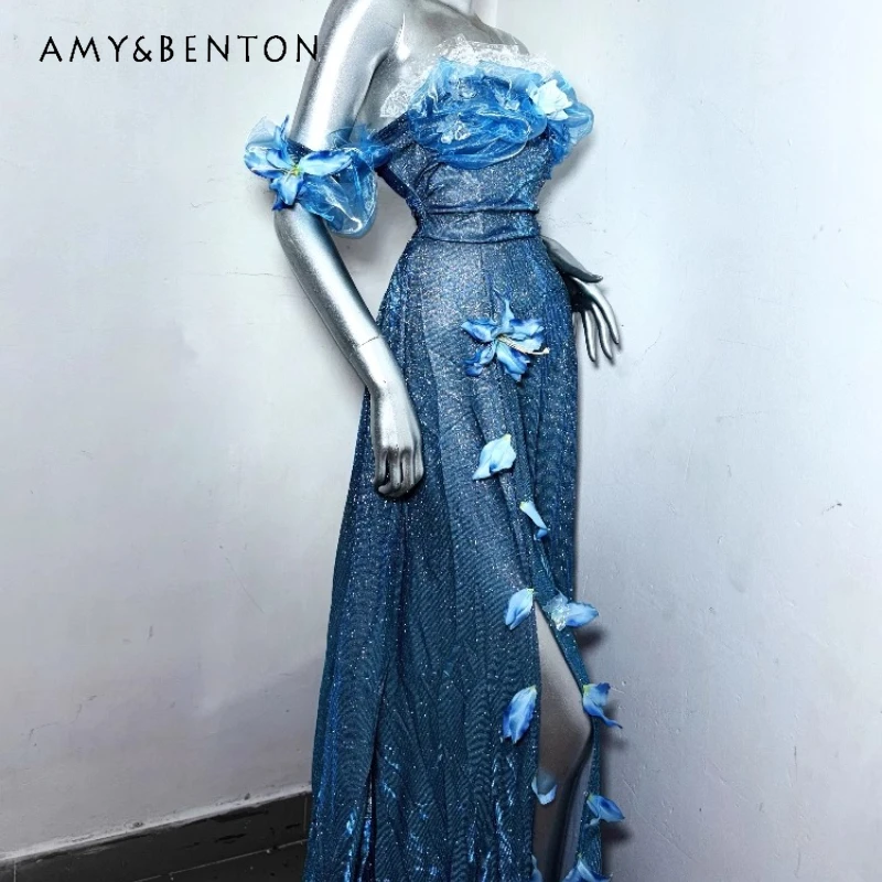 

Original Design Blue-green Zipper Sexy Slit Dress 2025 New Lolita Ruffle Edge Sleeveless Tube Top A-line Trailing Dresses Ladies