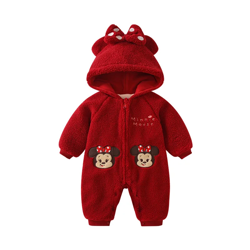 

MINISO Winter Baby Girls Minnie Long Sleeve Onesie Thick Warm Romper Newborn Outwear 0-1 years Bodysuits Soft Infant Clothes