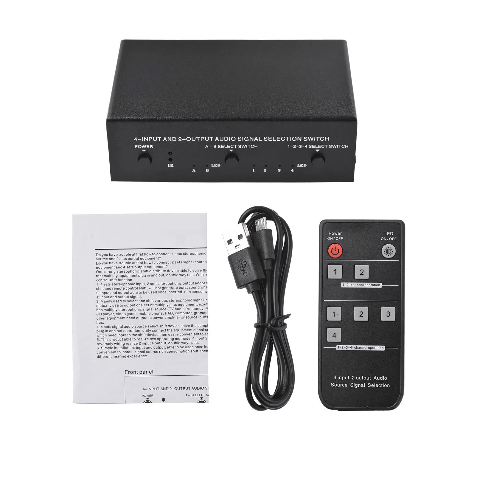 

LYNEPAUAIO RCA Audio Video Switcher Selector 4 in 2 Out Or 2 in 4 Out Audio Frequency Signal Select Shift Device with Remote