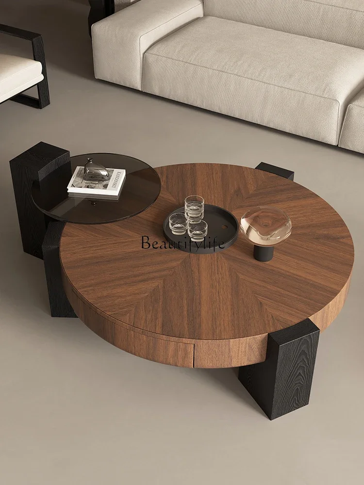 

Medieval style solid wood round coffee table simple small apartment minimalist retro style advanced sense