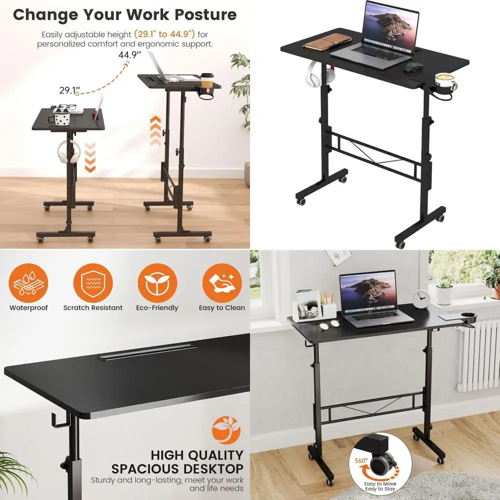 Compact Adjustable-Height Stand-Up Desk with Wheels, Portable Laptop Stand for Mobile Use, Black