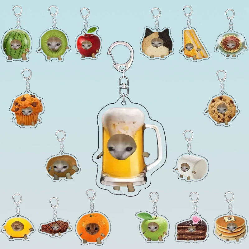 LLavero de acrílico de gato divertido, llavero de gato de comida divertida y feliz, accesorios para mochila de animales Kawaii, colgante, joyería de cumpleaños, decoración de regalo