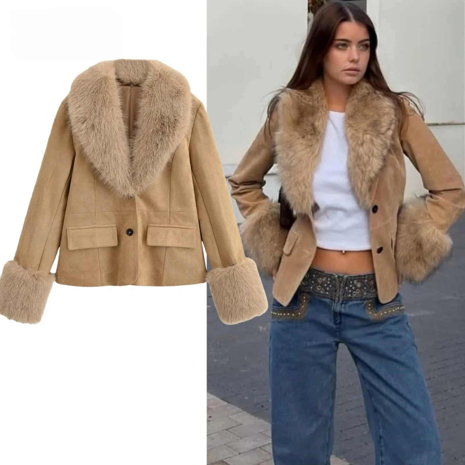 

Осень-зима, новая женская замшевая куртка со съемным воротником из искусственного меха, модные однобортные женские короткие куртки с длинными рукавами
