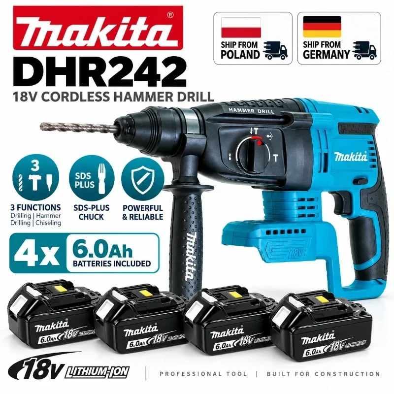 Trapano a percussione rotante senza fili Makita DHR242 18V, capacità per calcestruzzo 24mm, SDS Plus 4700 IPM 2.0J, utensile da costruzione per impieghi gravosi a 3 modalità, compatibile con BL1860B
