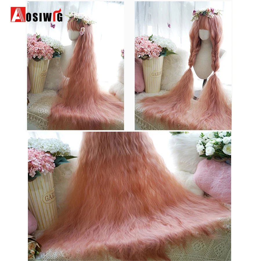 120cm Synthetic Long Curly Cosplay Wig With Bangs Blonde Red Brown Pink Lolita Wig Women Halloween Cosplay Wigs Female