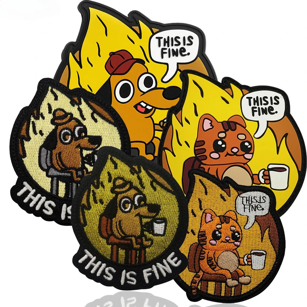 

THIS IS FINE Dog Embroidery Patches HOOK & LOOP Humor Morale Armband Badges DIY Jacket Backpack Hats Personalized Accessories