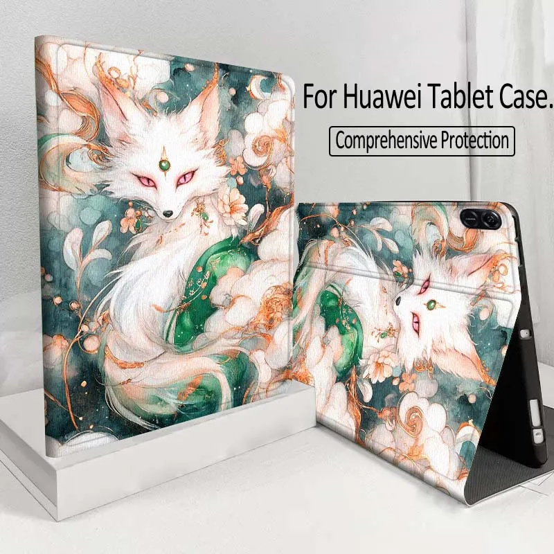 

Cartoon White Fox Art Cover For Huawei MatePad M5 T5 SE 11 Pro Honor Tab 5 V7 V8 X9 GT 10.1 10.8 Inch Tablet Case
