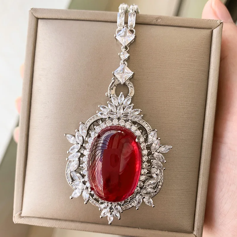 Jewelry Gold-Plated Internet Celebrity Retro Dan Shape Red Corundum Plain Full Diamond Inlaid Set Main Stone