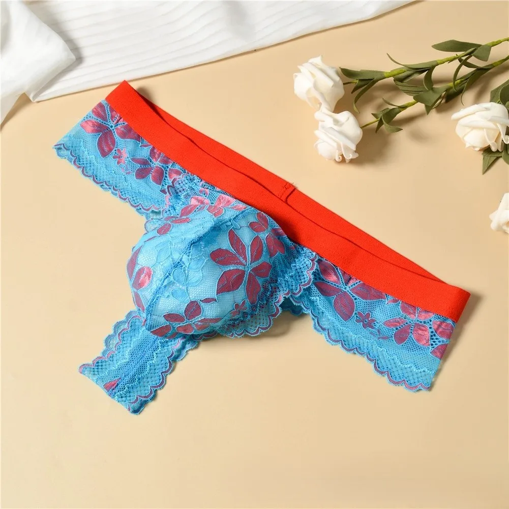 Men's Floral Pattern Lace G-string See Through Briefs Underwear with Bulge Pouch Soft Stretch Polyester Spandex Thong for Men