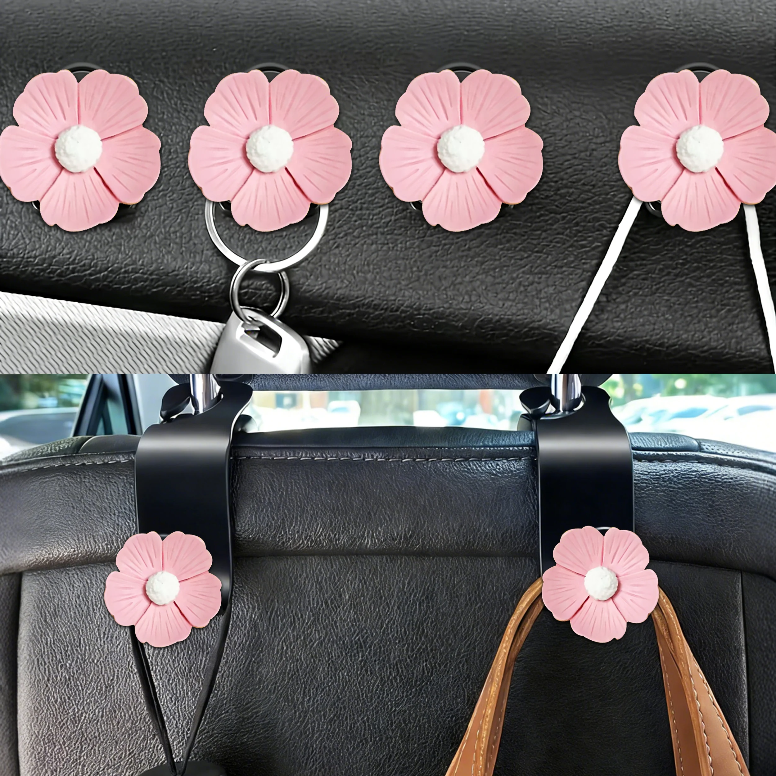 6Pcs Set Resin Flower Car Hooks Kit,Cute Style With 4Pcs Sticky Hooks And 2Pcs Headrest Hooks for Car Storage, Car Hooks for Pur