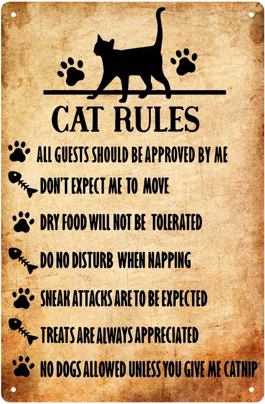 Cat Sign Funny Cat Rules Tin Sign Novelty Wall Art Decoration Humorous Metal Sign