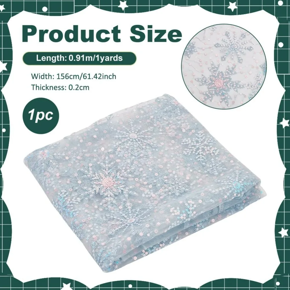 1 Yard Snowflake Sequins Tulle 61inch Light Blue Sheer Organza Fabric Snowflake Embroidered Mesh Lace for Garment making kit